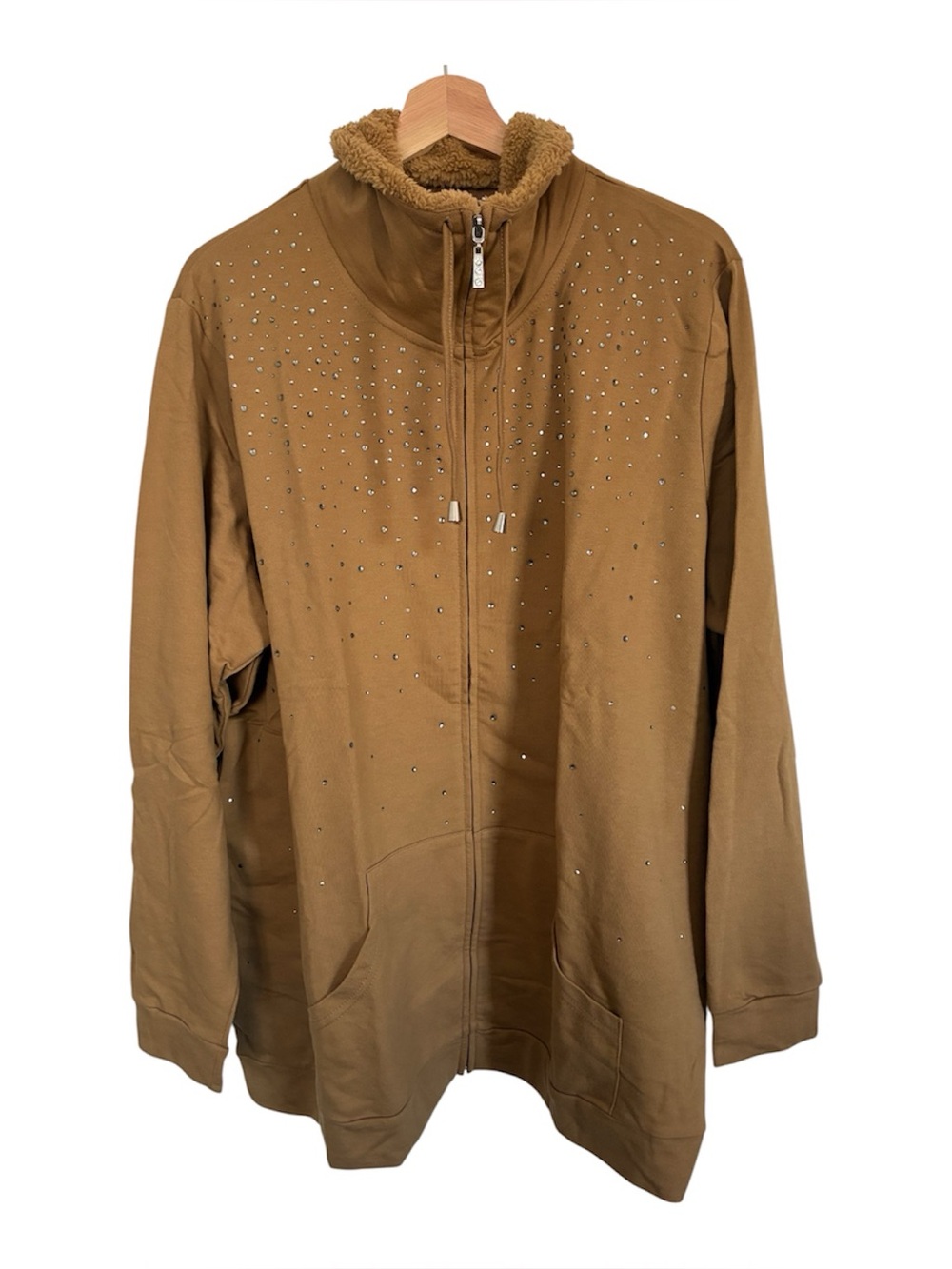 Quacker Factory Zip Jacket Camel Brown Sherpa Rhinestone 2X Fall